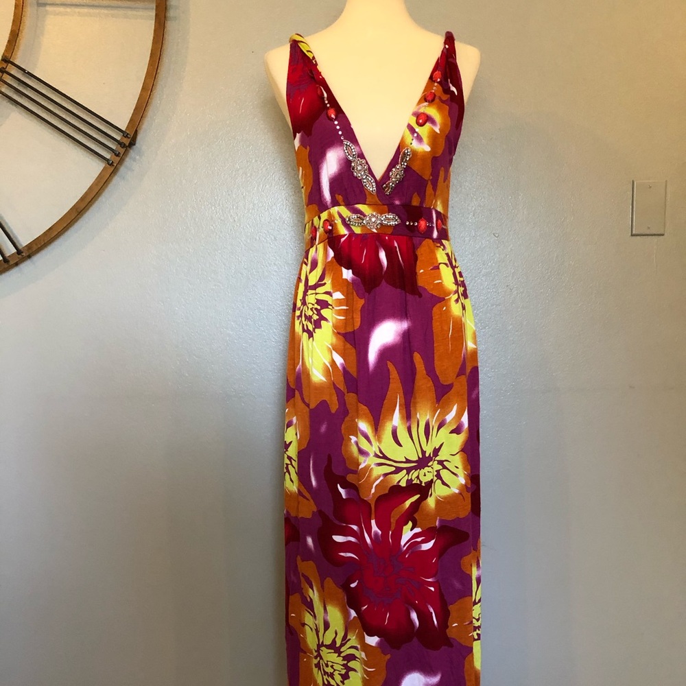 NWT SPY Pink Floral Tropical Resort Embellished Maxi Dress Large